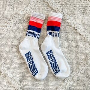 Beautycounter White Crew Socks with Blue, Red & Pink Stripes - Follow the Leader